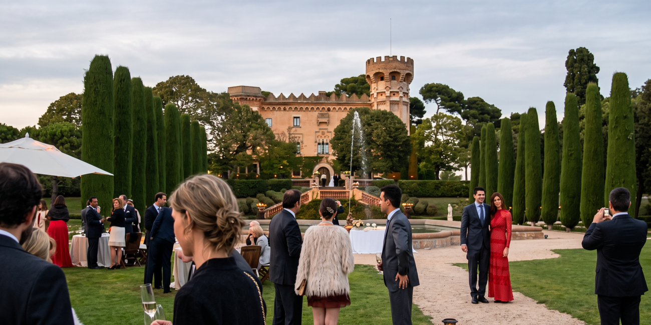 jardines de la finca con castillo al fondo